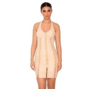 House of CB dress NWT LEDA beige sz SMALL corset style vegan Leather (w2375)